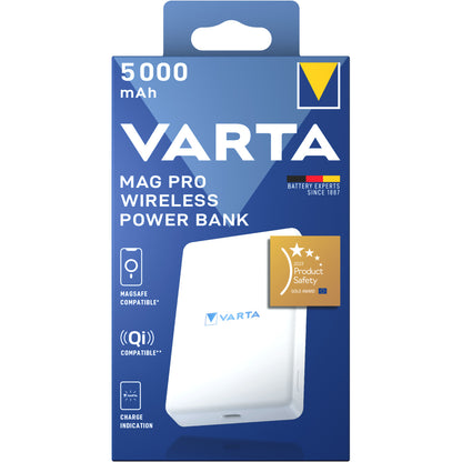 Extern trådlös batteri Varta Mag Pro, 5000mAh, 12W, 1 x QI - 1 x USB-C, Vit