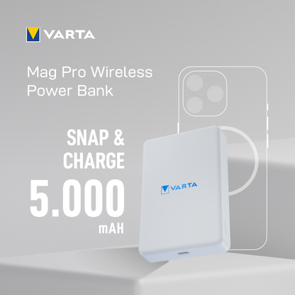Extern trådlös batteri Varta Mag Pro, 5000mAh, 12W, 1 x QI - 1 x USB-C, Vit