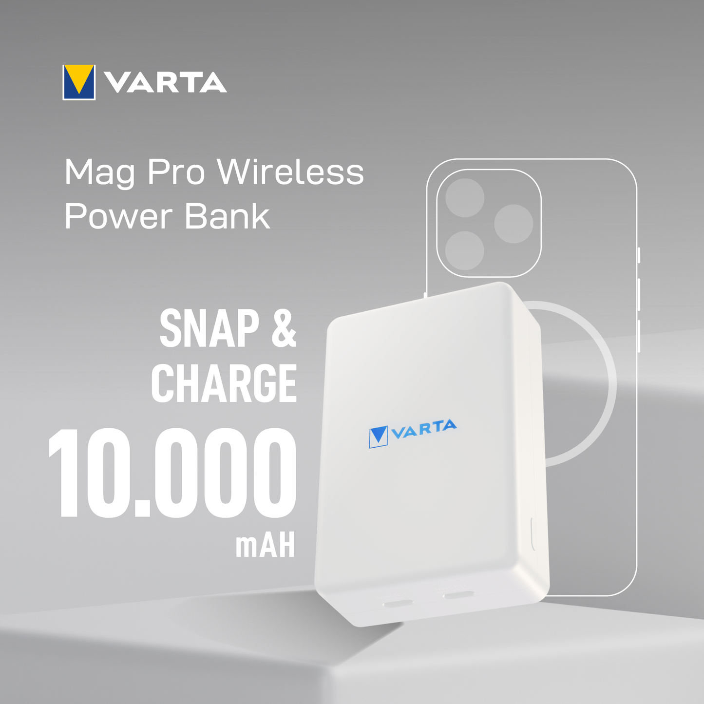 Extern trådlös batteri Varta Mag Pro, 10000mAh, 20W, 1 x QI - 2 x USB-C, Vit
