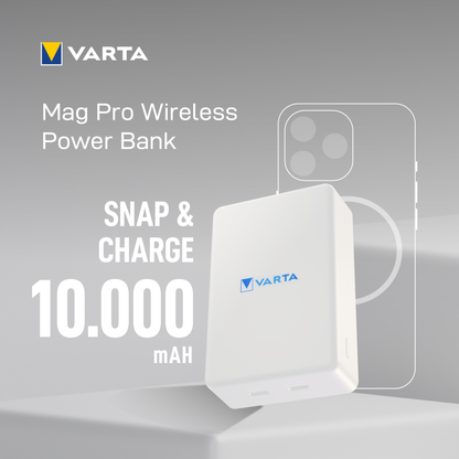 Extern trådlös batteri Varta Mag Pro, 10000mAh, 20W, 1 x QI - 2 x USB-C, Vit