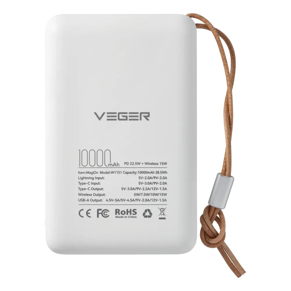 Trådlös Extern Batteri Veger VP1151 / W1151, 10000mAh, 22.5W, QC + PD + FQI, 1 x QI - 1 x USB-A - 1 x USB-C, Vit