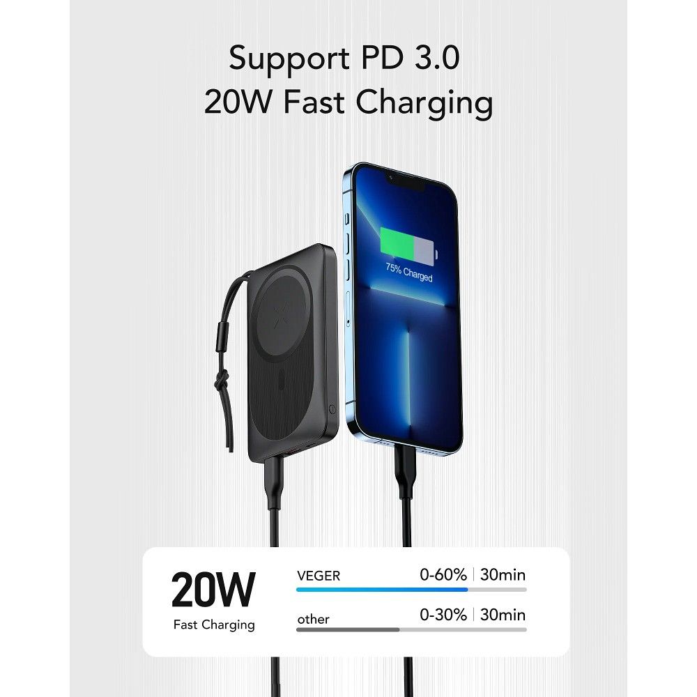 Extern trådlös batteri Veger VP1151 / W1151, 10000mAh, 22.5W, QC + PD + FQI, 1 x QI - 1 x USB-A - 1 x USB-C, Svart