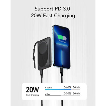 Extern trådlös batteri Veger VP1151 / W1151, 10000mAh, 22.5W, QC + PD + FQI, 1 x QI - 1 x USB-A - 1 x USB-C, Svart