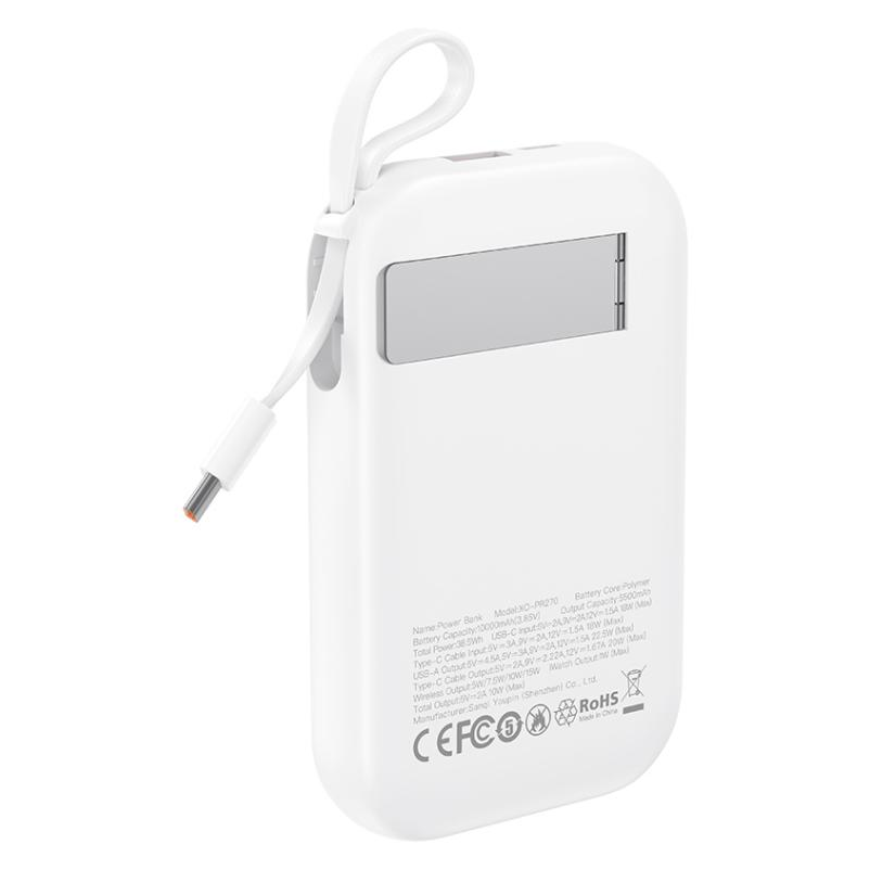 Trådlös Extern Batteri XO Design PR270, 10000mAh, 22.5W, QC + PD + QI, 1 x QI - 1 x USB-A - 1 x USB-C, Vit