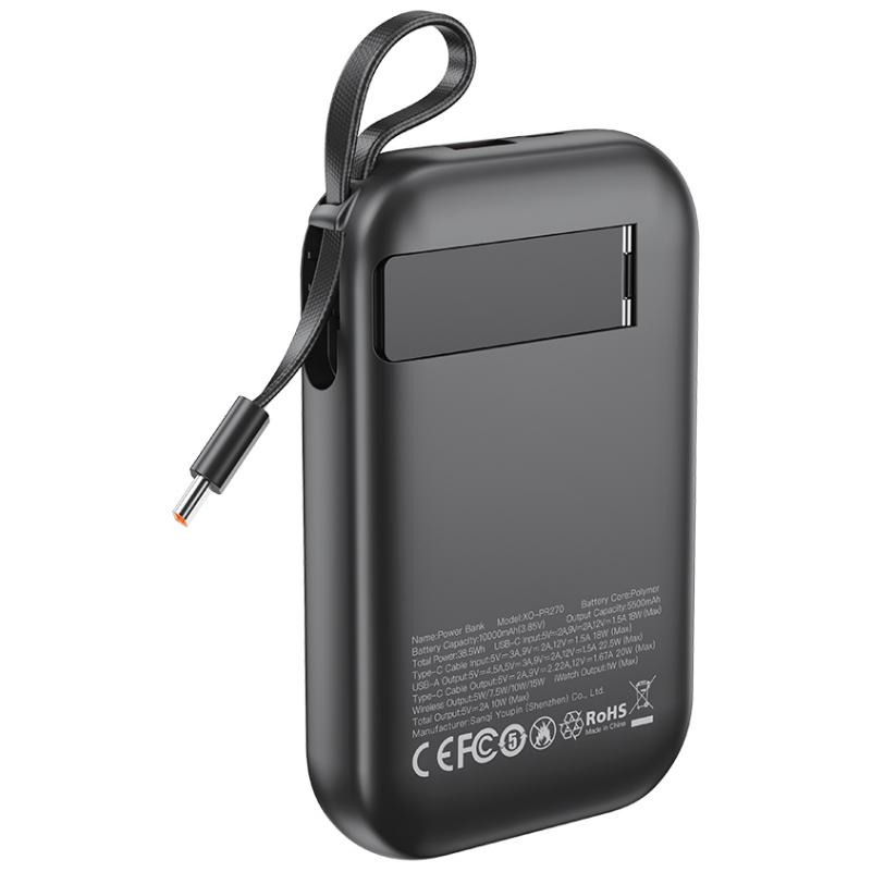 Trådlös Extern Batteri XO Design PR270, 10000mAh, 22.5W, QC + PD + QI, 1 x QI - 1 x USB-A - 1 x USB-C, Svart
