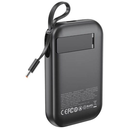 Trådlös Extern Batteri XO Design PR270, 10000mAh, 22.5W, QC + PD + QI, 1 x QI - 1 x USB-A - 1 x USB-C, Svart