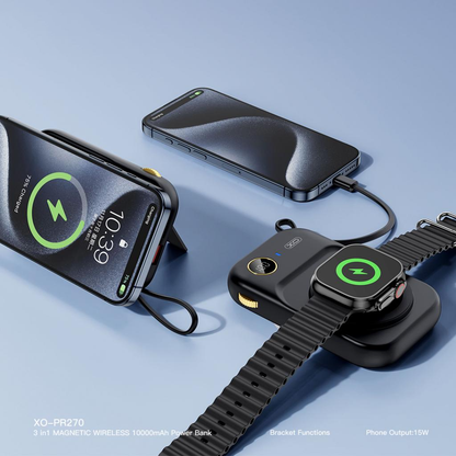 Trådlös Extern Batteri XO Design PR270, 10000mAh, 22.5W, QC + PD + QI, 1 x QI - 1 x USB-A - 1 x USB-C, Svart