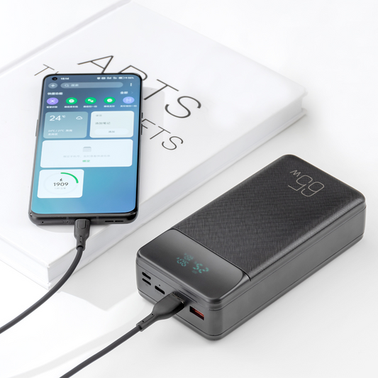 Extern batteri XO Design PR201, 30000mAh, 65W, QC + PD, 1 x USB-C - 2 x USB-A, Svart