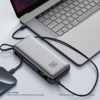 XO Design PR268 External Battery, 20000mAh, 130W, QC + PD, 1 x USB-A - 2 x USB-C, Gray