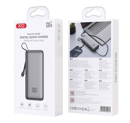 XO Design PR268 External Battery, 20000mAh, 130W, QC + PD, 1 x USB-A - 2 x USB-C, Gray