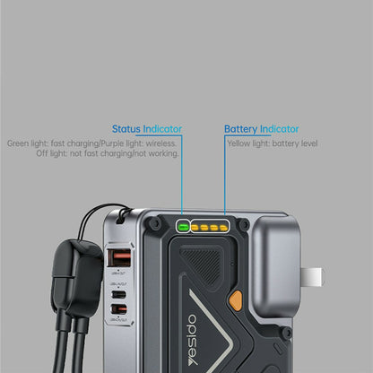Extern batteri Yesido YP89, 10000mAh, 22.5W, QC + PD + FQI, 1 x Lightning - 1 x QI - 1 x USB-A - 1 x USB-C, Grå