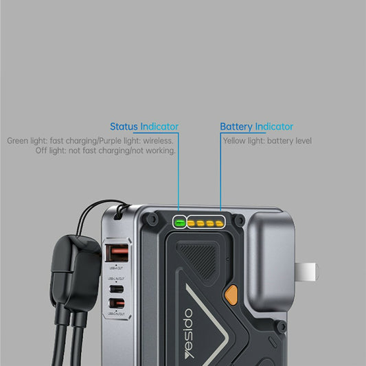 Extern batteri Yesido YP89, 10000mAh, 22.5W, QC + PD + FQI, 1 x Lightning - 1 x QI - 1 x USB-A - 1 x USB-C, Grå