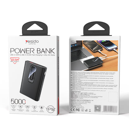 Extern batteri Yesido YP92, 5000mAh, 22.5W, QC + PD, 1 x USB-A - 1 x USB-C, Svart