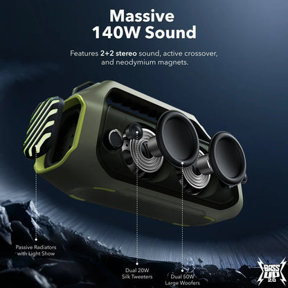 Bärbar Bluetooth-högtalare Anker SoundCore Boom 2 Plus, 140W, TWS, RGB, Vattentät, Grön A3134061