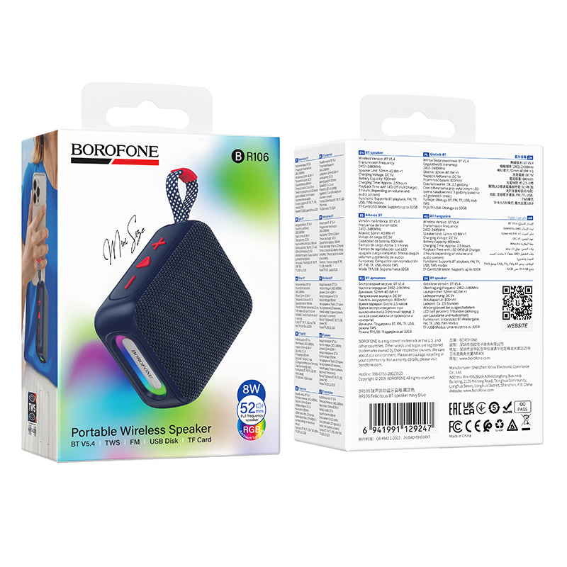 Borofone BR106 Felicitous bärbar Bluetooth-högtalare, 8 W, TWS, RGB, marinblå
