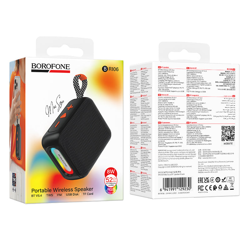 Borofone BR106 Felicitous bärbar Bluetooth-högtalare, 8 W, TWS, RGB, svart