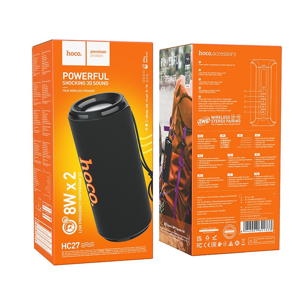 Bärbar Bluetooth-högtalare HOCO HC27, 2 x 8W, Svart