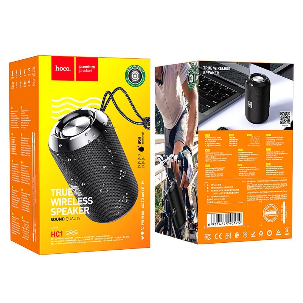 Bärbar Bluetooth-högtalare HOCO HC1, 5W, TWS, Vattentät, Svart