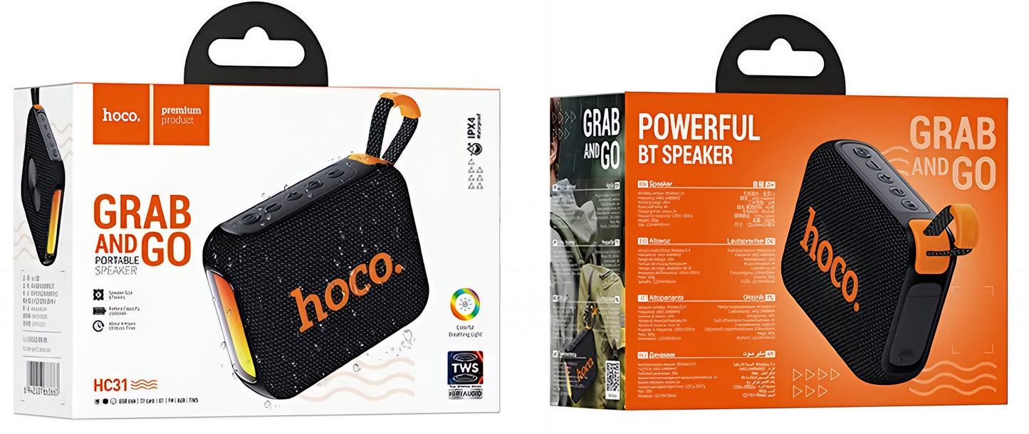 Bärbar Bluetooth-högtalare HOCO HC31, 10W, TWS, RGB, Vattentät, Svart