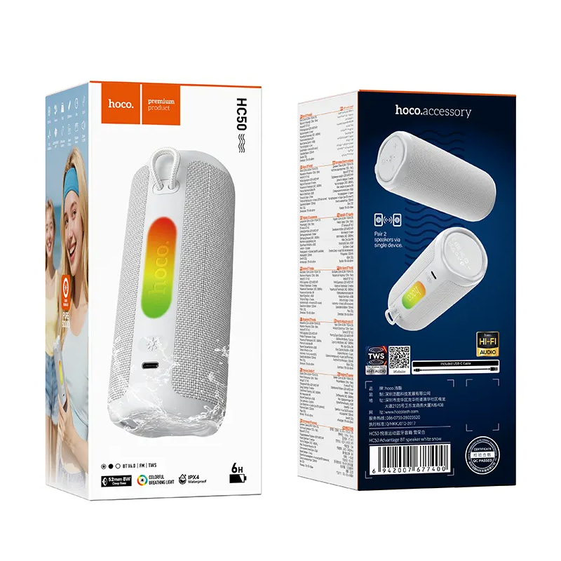 Bärbar Bluetooth-högtalare HOCO HC50, 8W, TWS, RGB, Vattentät, Vit