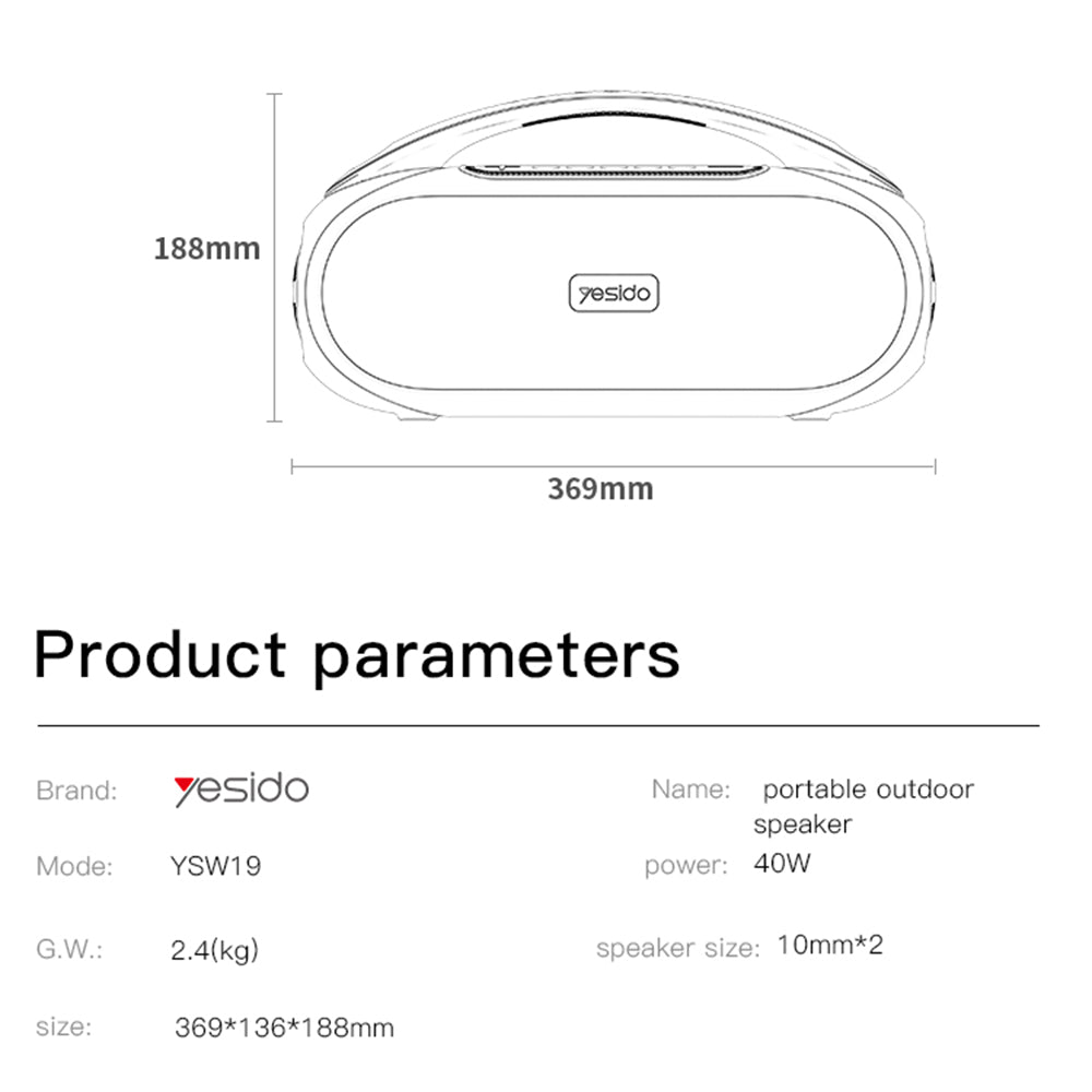 Bärbar Bluetooth-högtalare Yesido YSW19, 40W, RGB, Vattentät, Svart