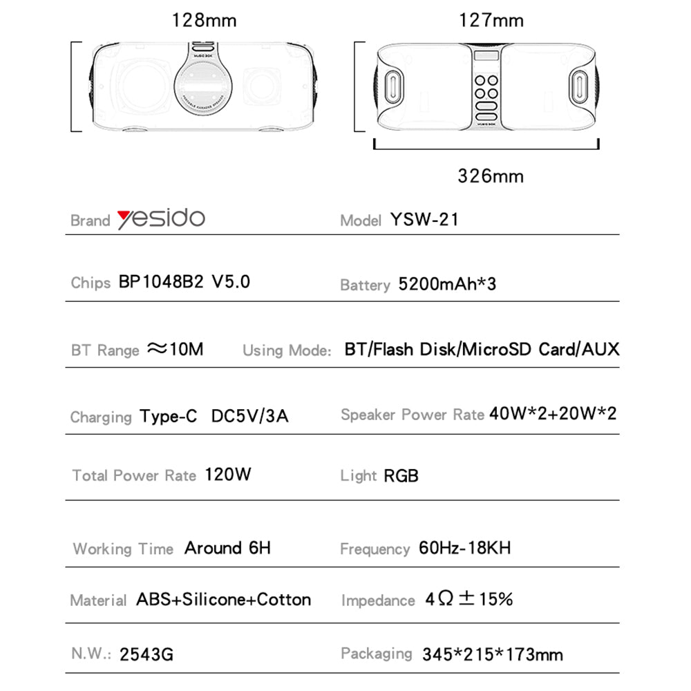 Bluetooth-högtalare Yesido YSW21 Karaoke, 120W, RGB, Vattentät, Svart