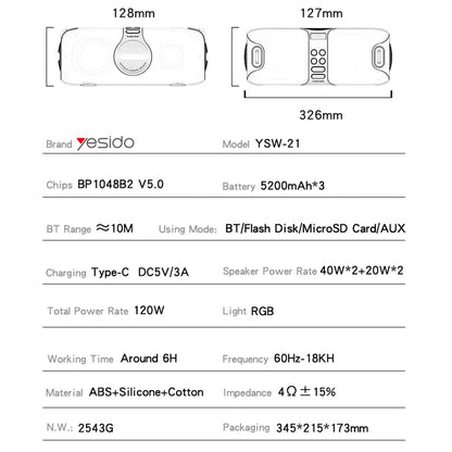 Bluetooth-högtalare Yesido YSW21 Karaoke, 120W, RGB, Vattentät, Svart