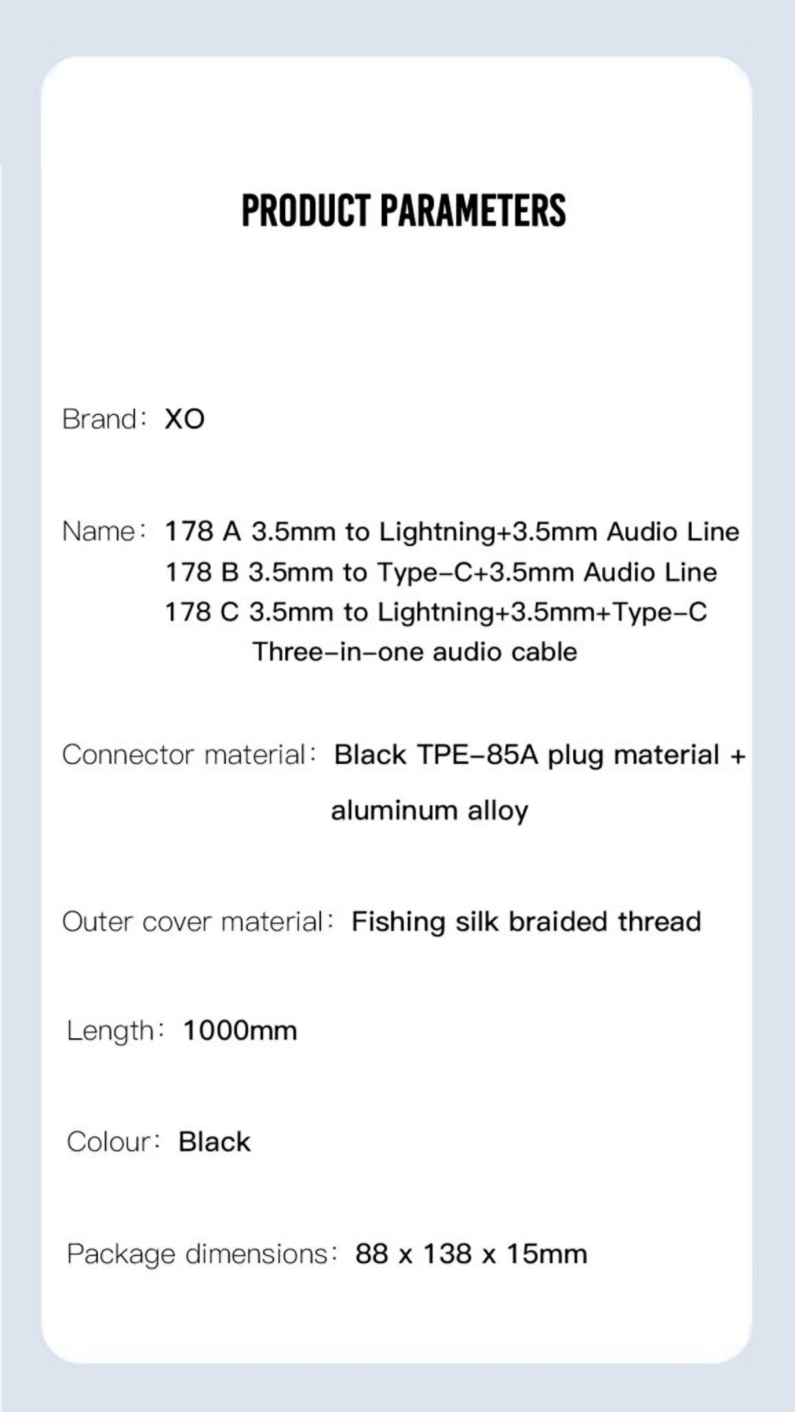 Audio Kabel USB-C / 3.5mm - 3.5mm XO Design NB178B, 1m, Svart