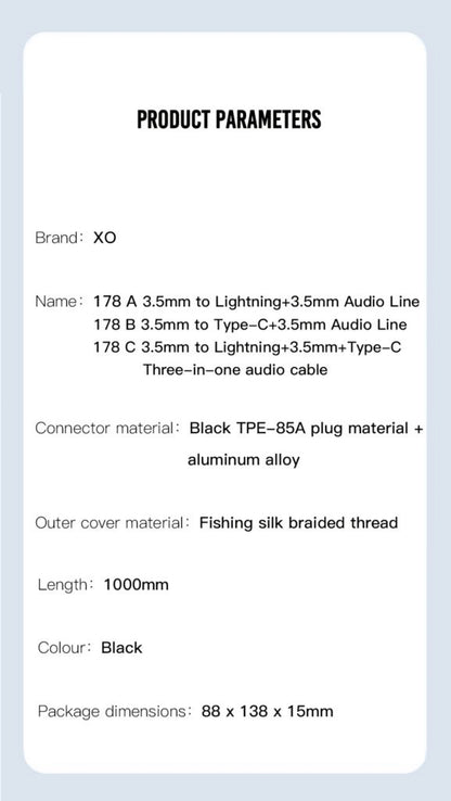Audio Kabel USB-C / 3.5mm - 3.5mm XO Design NB178B, 1m, Svart