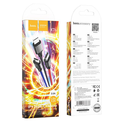 USB-A laddningskabel - Lightning / microUSB / USB-C HOCO X76 3in1, 18W, 1m, Flerfärgad