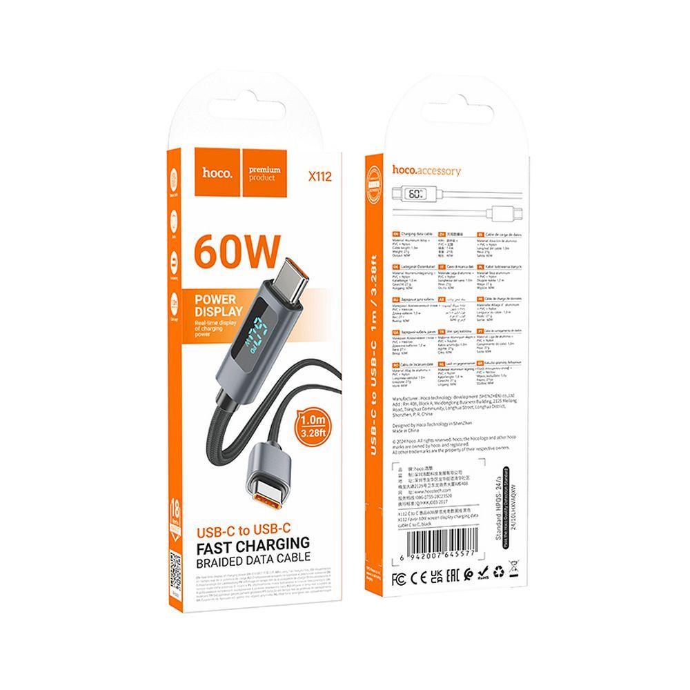 USB-C - USB-C Data- och Laddningskabel HOCO Display X112, 60W, 1m, Svart