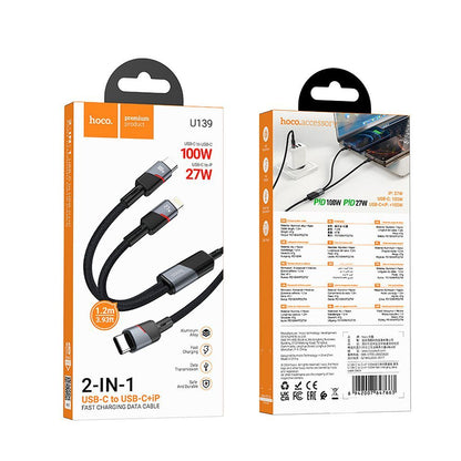 USB-C - Lightning / USB-C HOCO U139 2in1 data- och laddningskabel, 100W, 1.2m, Svart
