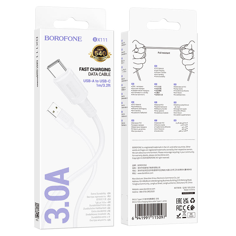 USB-A till USB-C data- och laddningskabel Borofone BX111 Feliz, 20W, 1m, Vit
