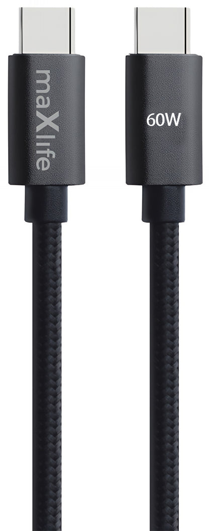 USB-C till USB-C data- och laddningskabel MaXlife MXUC-12, 60W, 1m, Svart