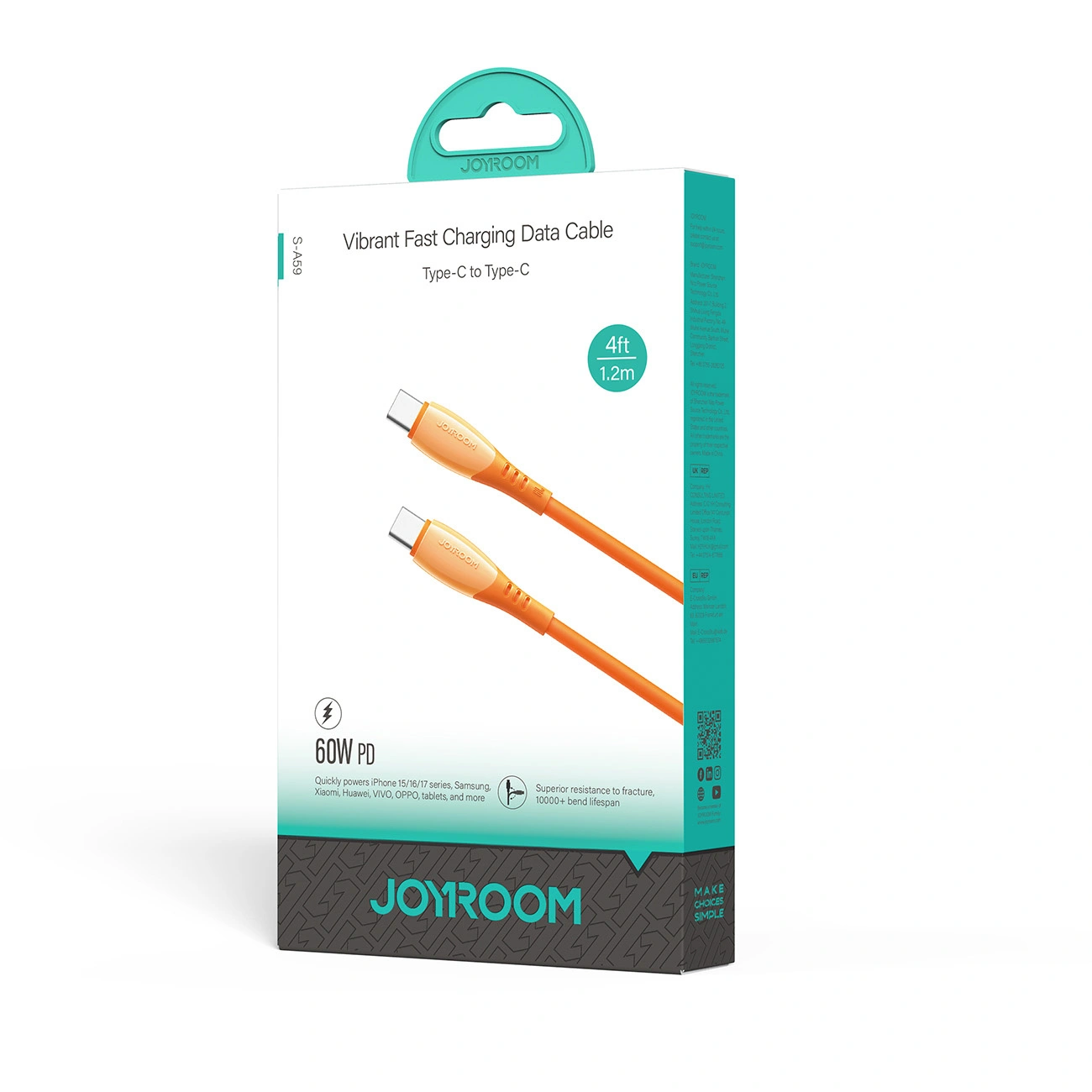 USB-C till USB-C data- och laddningskabel Joyroom S-A59 Vibrant, 60W, 1.2m, Orange