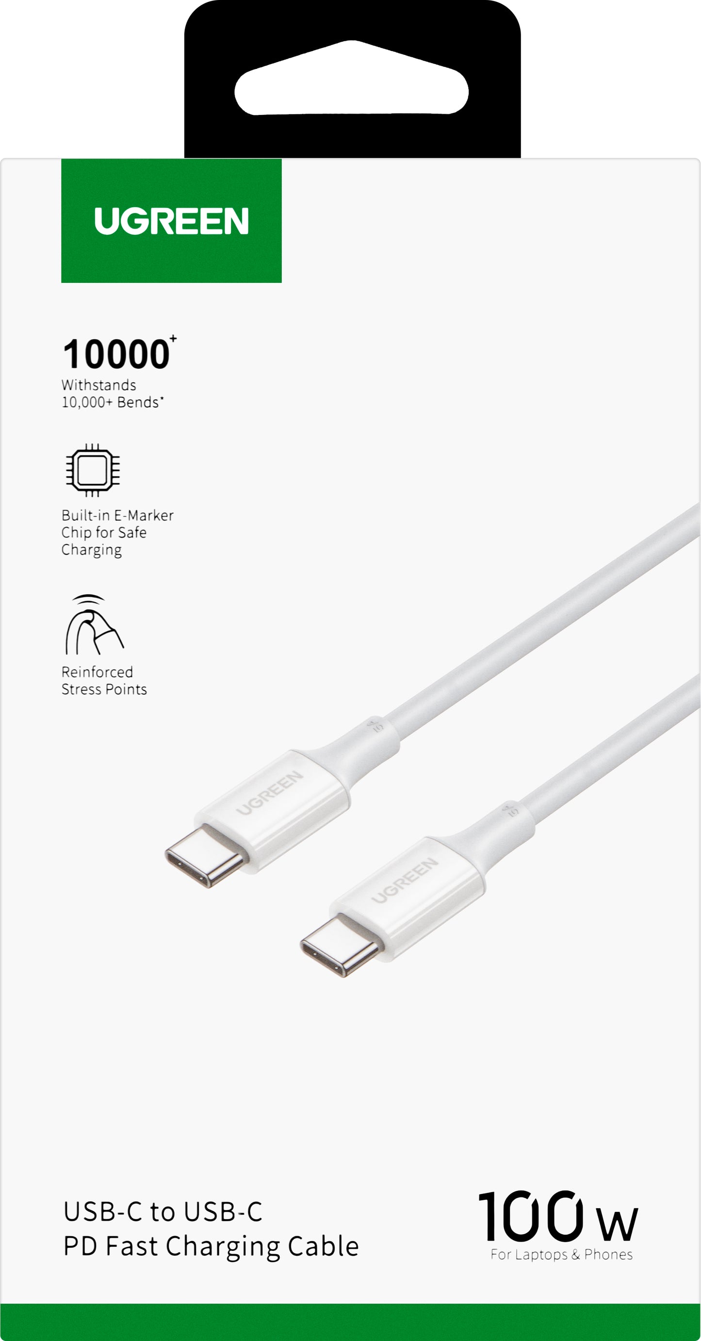 USB-C till USB-C data- och laddningskabel UGREEN US300, 100W, 2m, Vit