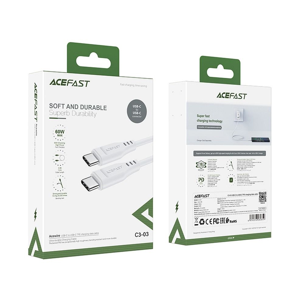 USB-C data- och laddningskabel - USB-C Acefast C3-03, 60W, 1.2m, Vit