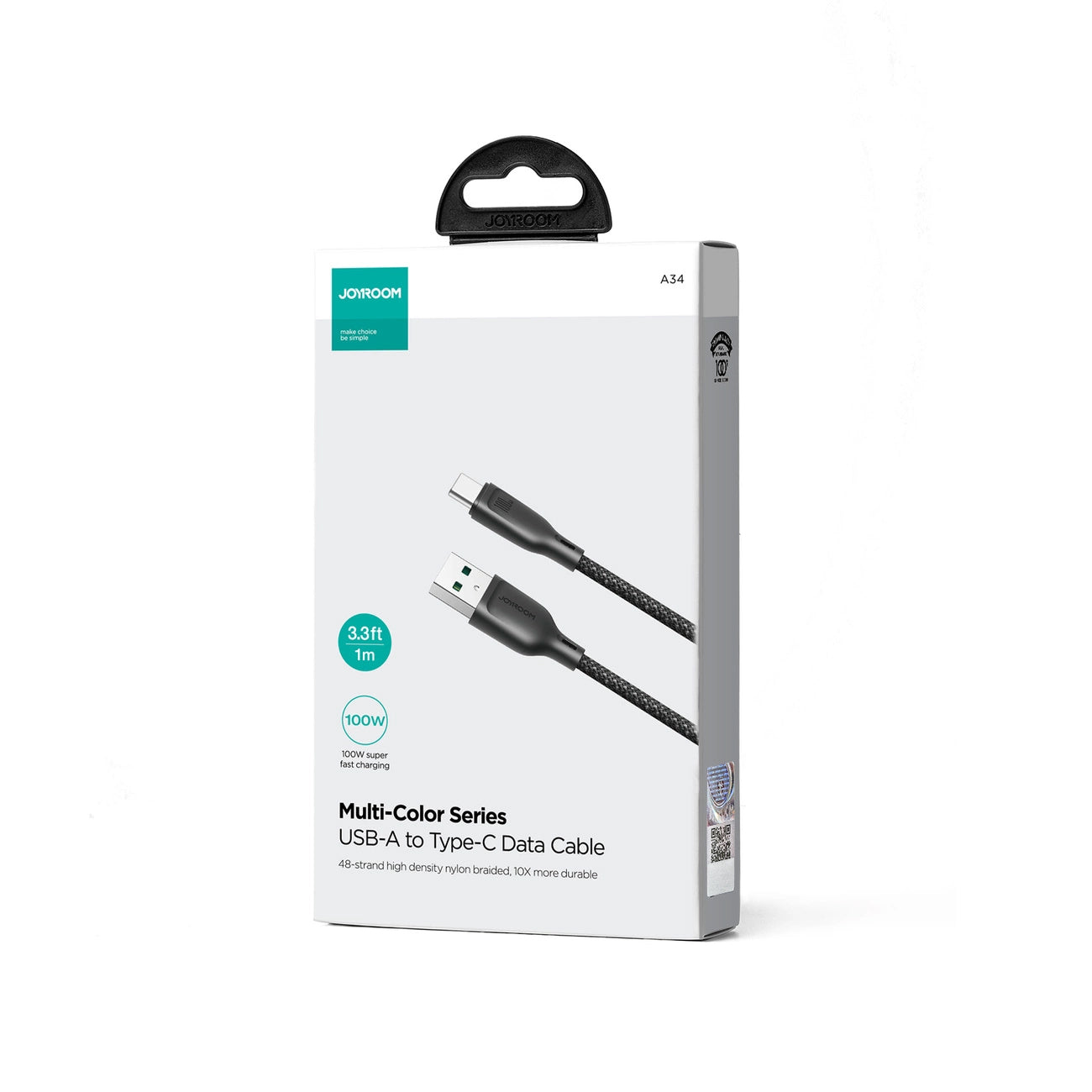 USB-A till USB-C data- och laddningskabel Joyroom Multi-Color S-A34, 100W, 1m, Svart