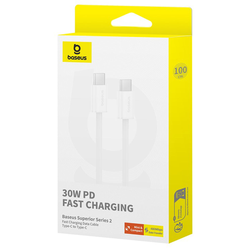 USB-C till USB-C Data- och Laddningskabel Baseus Superior Series 2, 30W, 1m, Vit P10365200211-00