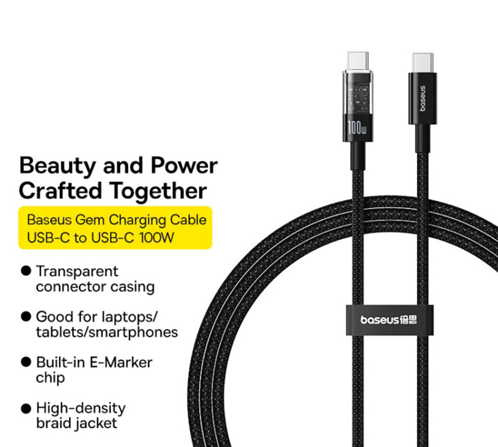 USB-C till USB-C Data- och Laddningskabel Baseus Gem, 100W, 2m, Svart P10373000111-01
