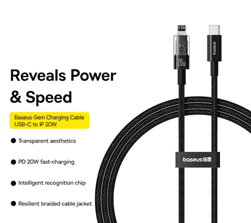 USB-C till Lightning Data- och Laddningskabel Baseus Gem, 20W, 2m, Svart P10373001111-01