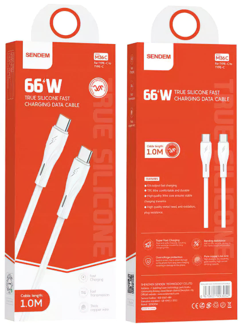 USB-C Data- och laddningskabel - USB-C Sendem M36C, 66W, 1m, Vit