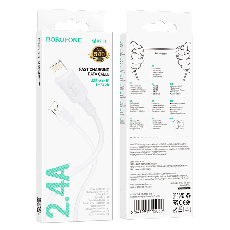 Data- och laddningskabel USB-A - Lightning Borofone BX111 Feliz, 18W, 1m, Vit