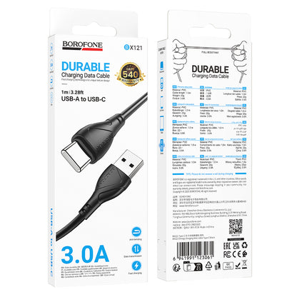 USB-A to USB-C Data and Charging Cable Borofone BX121 Energy, 18W, 1m, Black