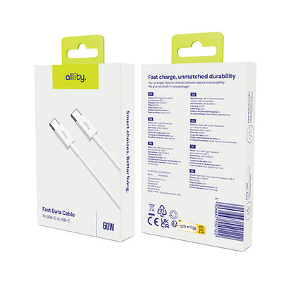 USB-C till USB-C data- och laddningskabel Allity. AUC-03, 100W, 2m, Vit