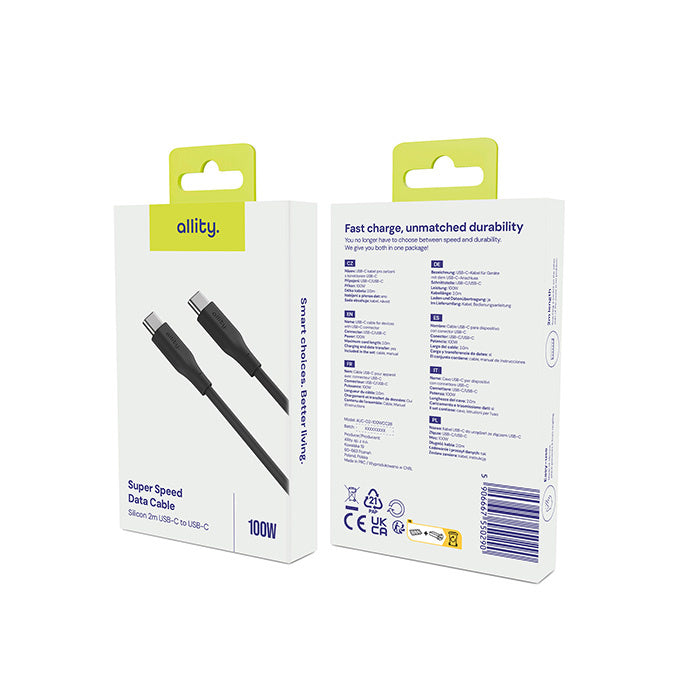 USB-C Data- och Laddningskabel - USB-C Allity. AUC-02, 100W, 2m, Svart