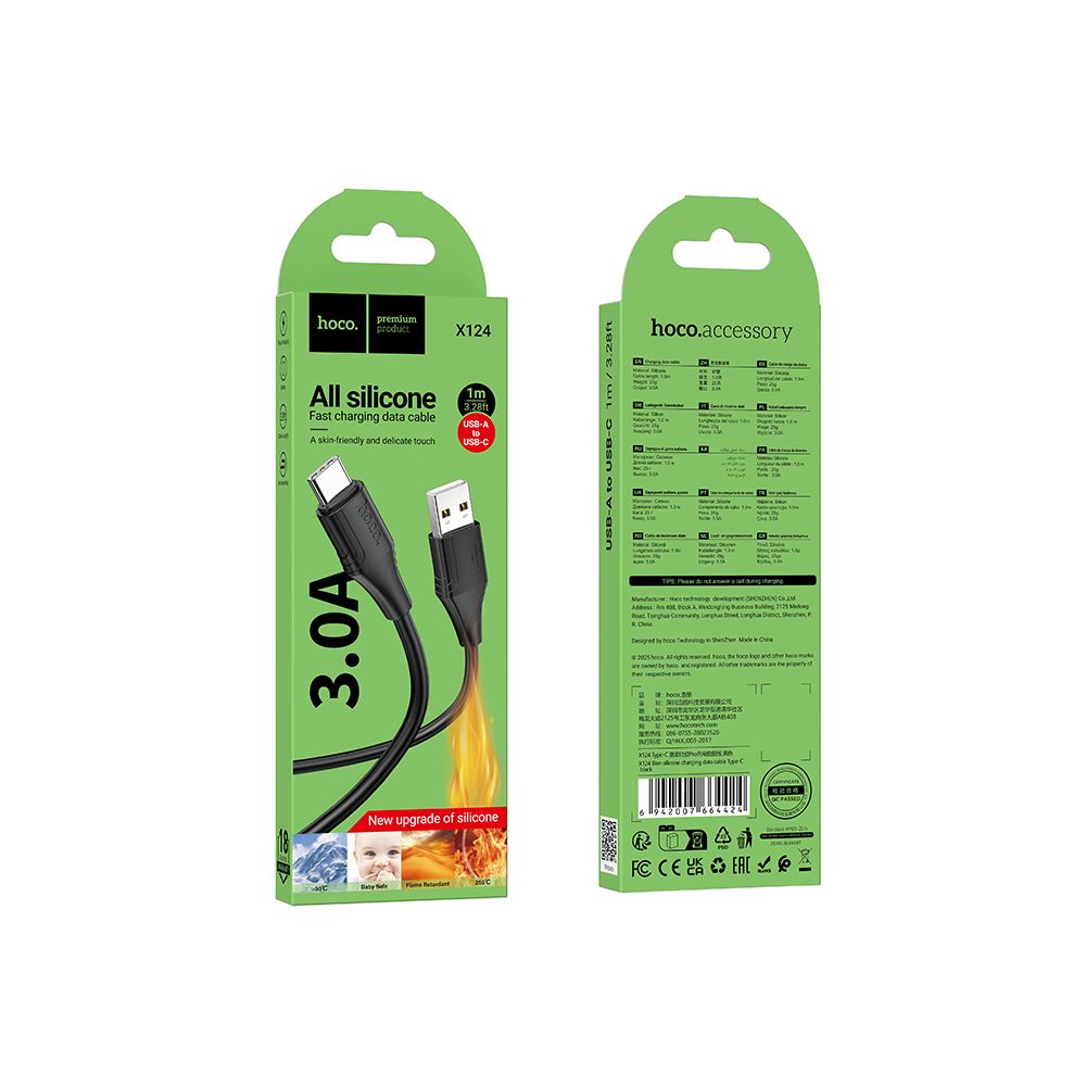 Data- och laddningskabel USB-A - USB-C HOCO X124, 18W, 1m, Svart
