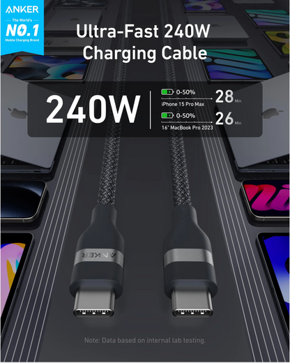 USB-C till USB-C data- och laddningskabel Anker, 240W, 1.8m, Svart A82E2H12