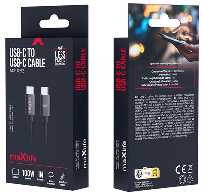 USB-C Data- och Laddningskabel - USB-C MaXlife MXUC-12, 100W, 1m, Svart