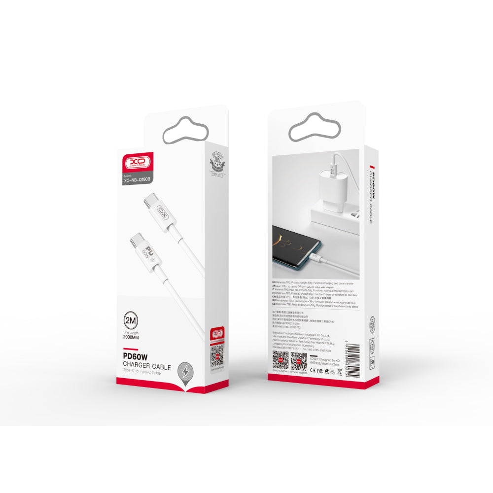 USB-C Data- och Laddningskabel - USB-C XO Design NB-Q190B, 60W, 2m, Vit
